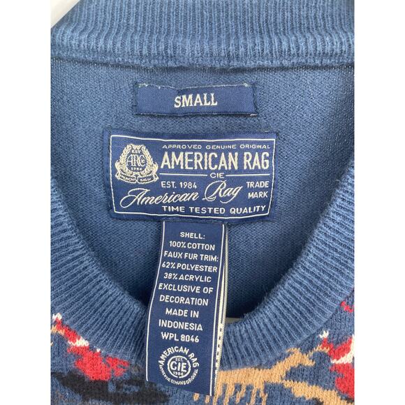 American Rag Mustache Reindeer Ugly Christmas Sweater Born2Ride Blue Small - Picture 4 of 8